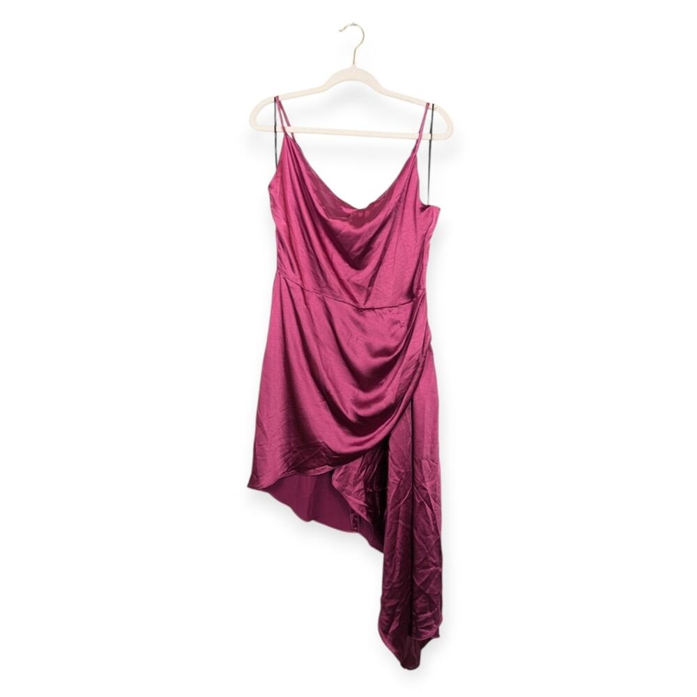 Elliatt Jacinda Dress L Berry Pink Satin Cowl Neck Asymmetrical Cocktail NWT